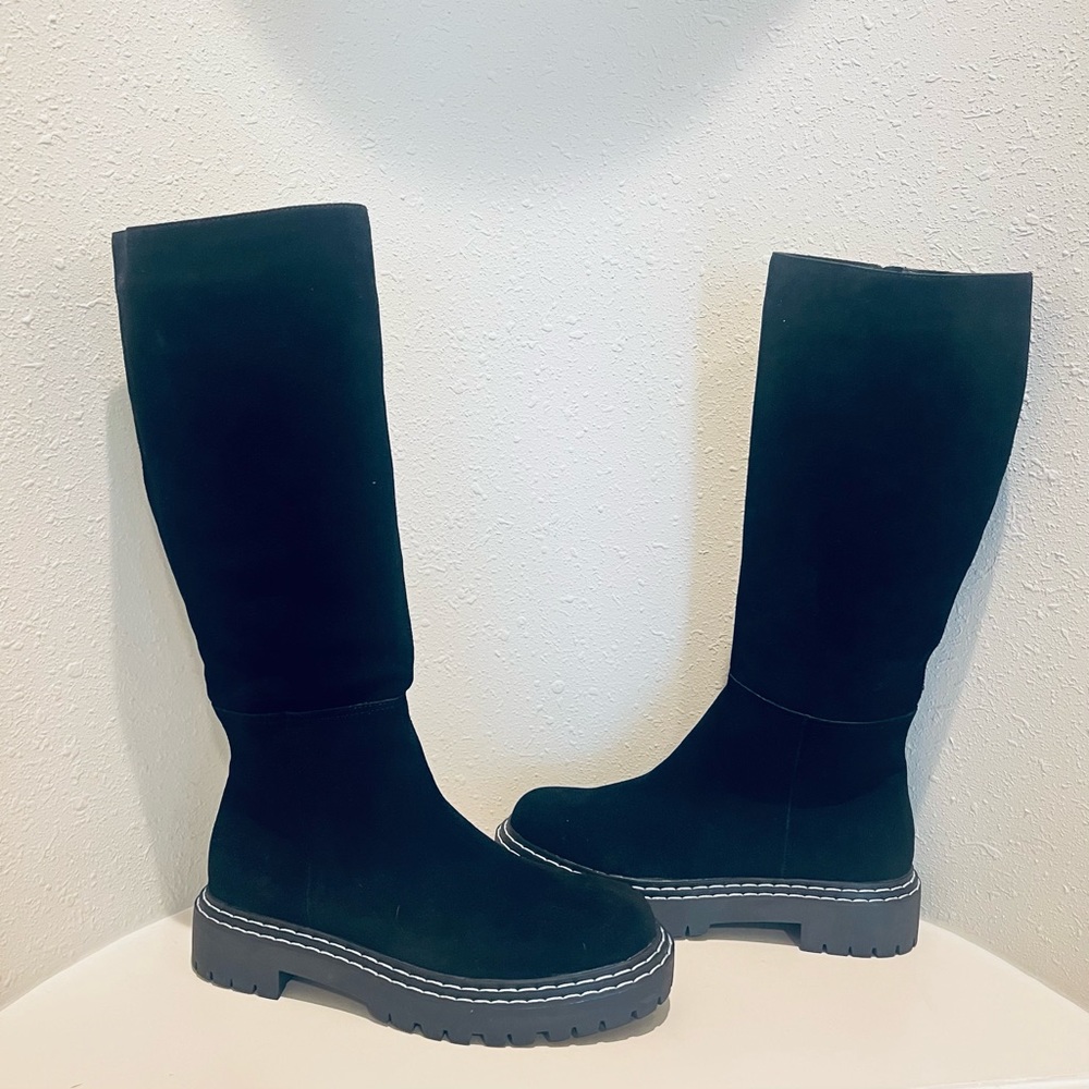 Anthropologie Splendid Black Suede Knee High Lugged Boots Size 9.5 & 10 NWT